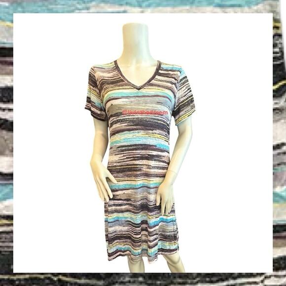NWT David Cline V-Neck Short Sleeve T-Shirt Dress SZ Small Black Stripe $119 - Picture 3 of 15